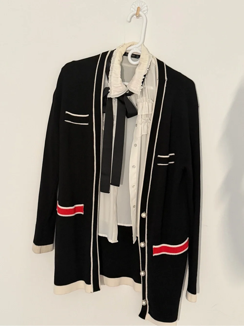 ZARA Women’s Black Longline Cardigan with Pearl Buttons & Contrast Trim